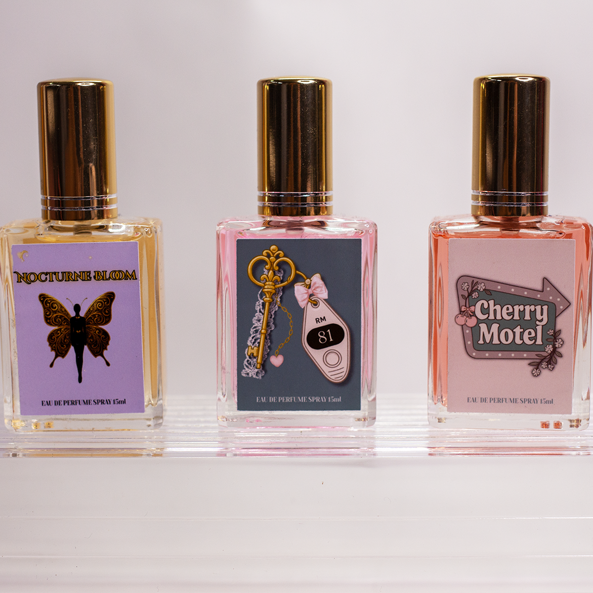 Perfume sprays collection – Cherry Motel, Nocturne Bloom, and Room 81 15ml fragrances for women, long lasting and feminine scents