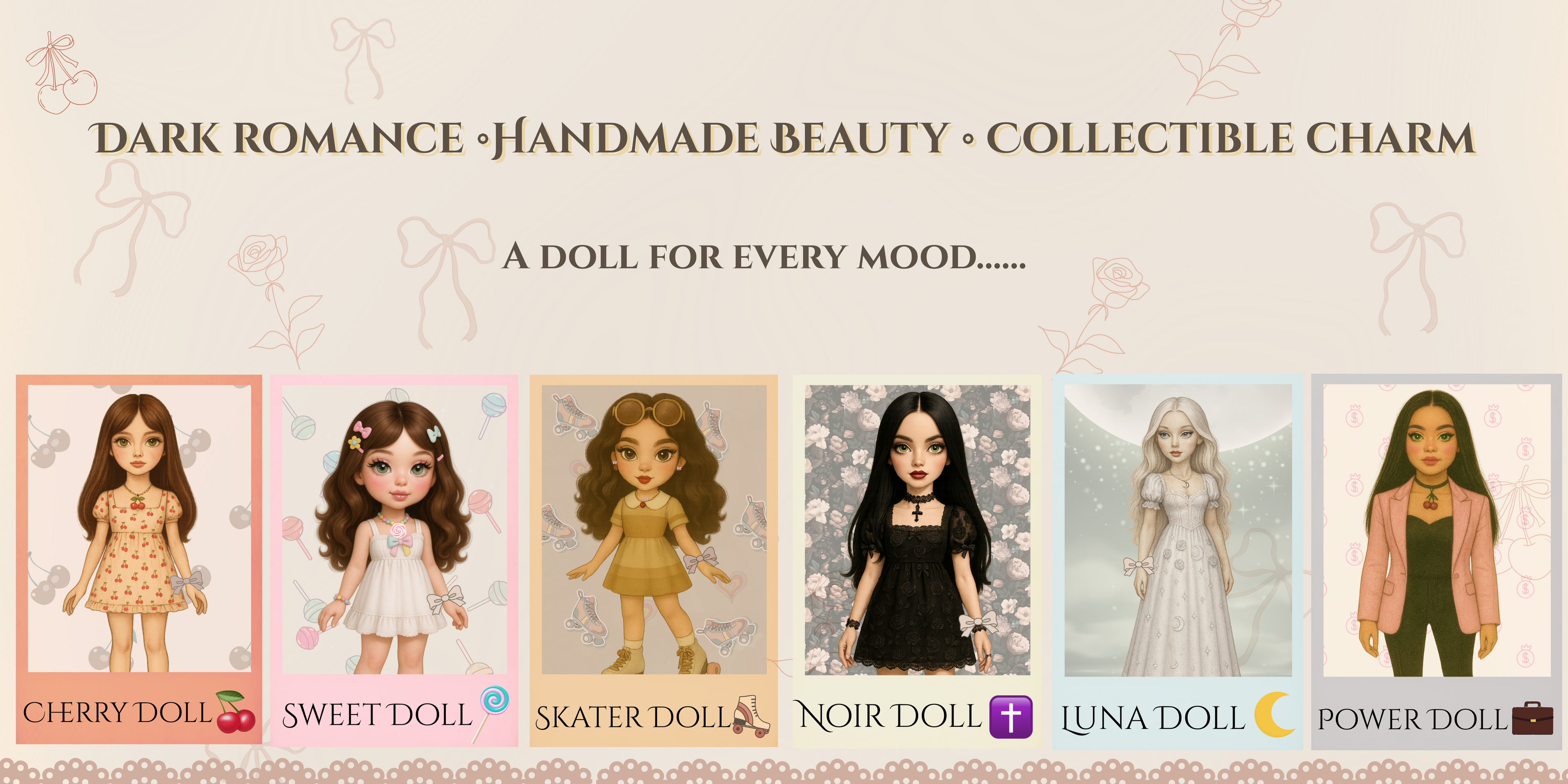 The Valley Dolls perfume oil collection featuring Cherry Doll, Sweet Doll, Skater Doll, Noir Doll, Luna Doll and Power Doll handmade fragrances