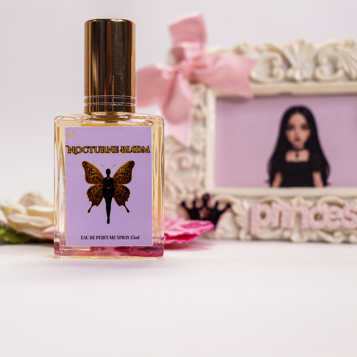 Nocturne Bloom perfume displayed with pink decor – feminine smoky floral scent
