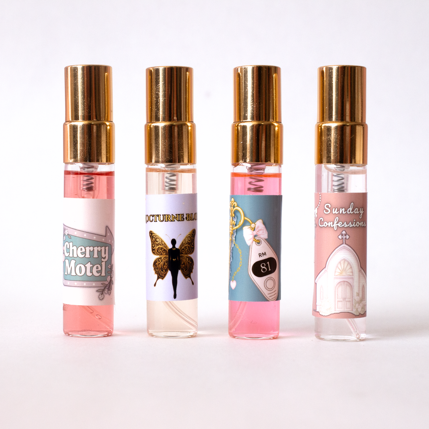 perfume sample set 4 piece 5ml discovery set Cherry Motel Nocturne Bloom Room 81 Sunday Confessions Valley Dolls
